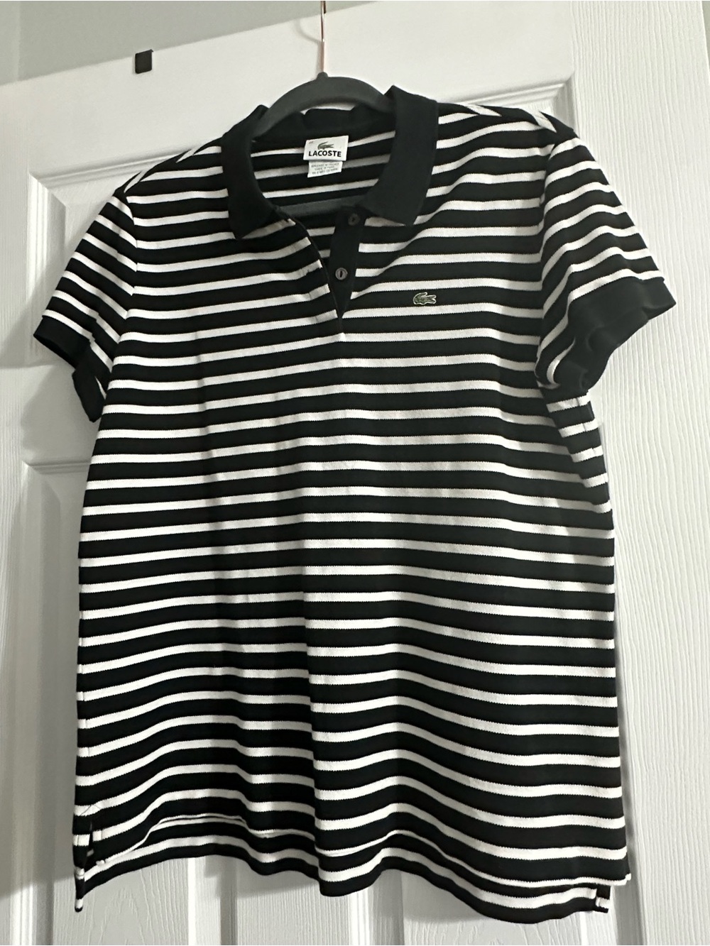 Lacoste Black and White Striped Polo with Green Crocodile Logo